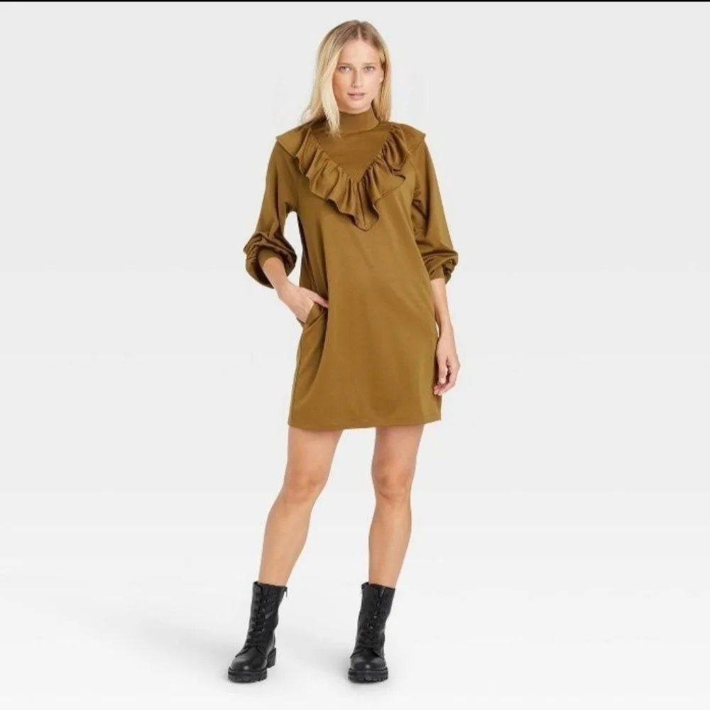Who What‎ Wear Mock Ruffled Neck Sheath Long Sleeve Dress Brown  Pockets Size M
